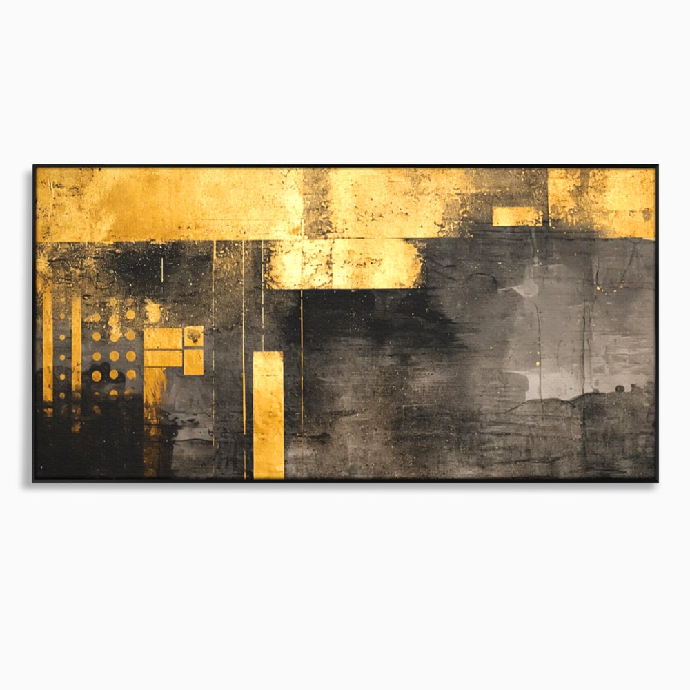 Tablou canvas cu pictura abstracta cu forme geometrice aurii, in rama de aluminiu negru